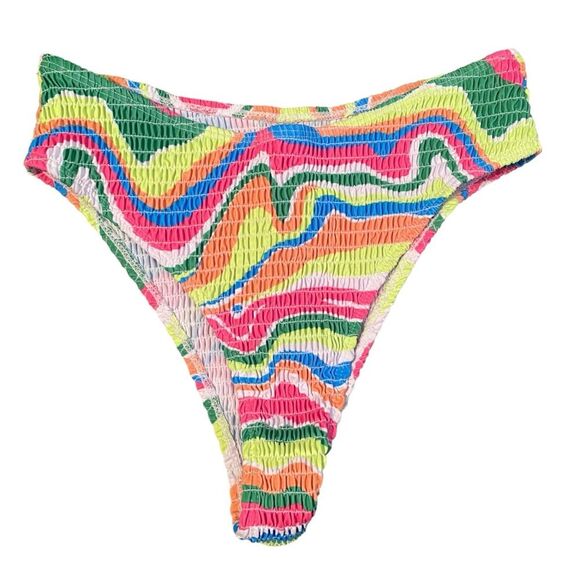 Amazon Womens M Smocked Triangle Bikini Set Rainbow Swirl Scrunch Multicolor New - Picture 5 of 7
